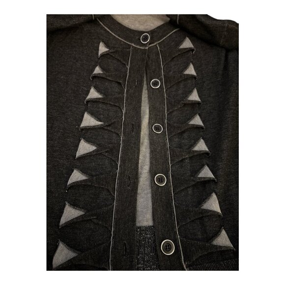 ST JOHN cardigan sweater, Large, dark gray, buttons, fabric cutouts down front. - Picture 7 of 8